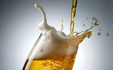 dynamic pouring beer splash with white foam and bubbles, golden lager glass overflow macro photography, refreshing cold alcohol drink concept, for brewery, bar menu, pub advertisement, octoberfest.