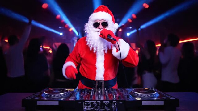 dj santa stands at the mixing desk in the club, making music santa mc on stage with microphone energizes dancing crowd, red suit and white beard front and center as strobe lights cut through smoky.