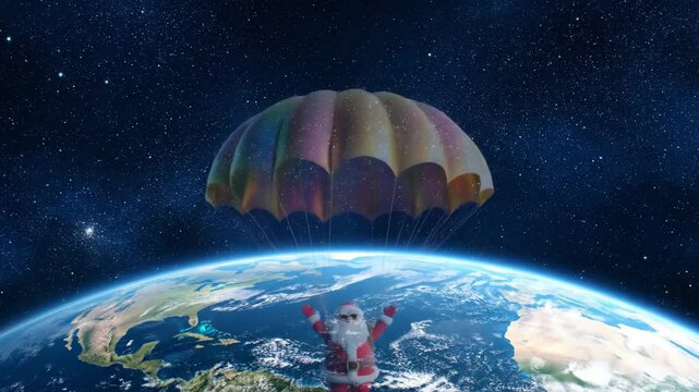 santa parachuting over earth at night, colorful canopy and waving figure against starry cosmos, aerial holiday greeting, global delivery vibe, bright planet horizon and festive message.