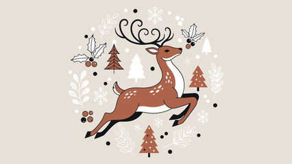 Cute Christmas Reindeer Illustration with Winter Elements – Minimal Festive Vector Art