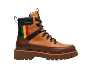 Stylish brown leather hiking boot with colorful stripe detail isolated on transparent background