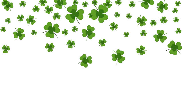 A cascade of vibrant green shamrocks falling against a pure white backdrop, symbolizing luck and springtime joy