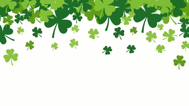 Festive St. Patrick's Day background with abundant green shamrocks and clover leaves cascading from the top border against a clean white backdrop, celebrating Irish heritage and good fortune