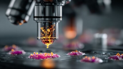 Advanced laboratory microscope reveals vibrant cellular structures and emerging research breakthroughs in scientific discovery