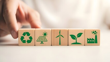 Hands building a sustainable future with wooden blocks representing eco friendly concepts