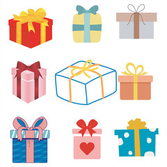 Vector set of 9 colorful gift boxes with ribbons and bows, isolated on white background for holiday and birthday celebration