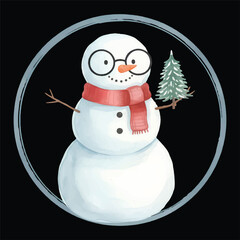 Cute Snowman With Glasses Watercolor Illustration Vector Isolated

