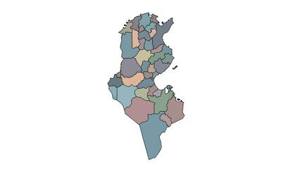 Map of Tunisia with administrative divisions highlighted in various colors, illustrating regional boundaries