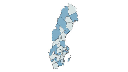 Map of Sweden showing administrative divisions with varying shades of blue