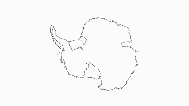 Simple vector outline map of the Antarctic continent, highlighting its distinct shape and regional divisions. A clean graphic for educational resources, cartography, and design