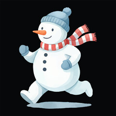 Cute Snowman Running Watercolor Illustration Vector Isolated
