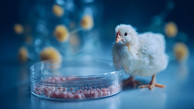 Lab-made chicken and cultured meat concept. Biotechnology food, alternative protein, and in-vitro science. 