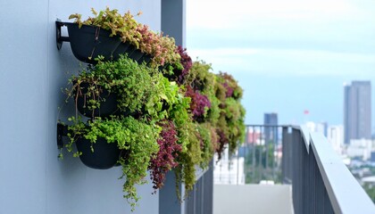 Vibrant vertical garden with lush green and purple plants on a modern building balcony overlooking a city skyline.