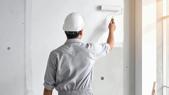 外壁塗装現場で職人が壁面にローラーを使い丁寧に塗る壁紙背景