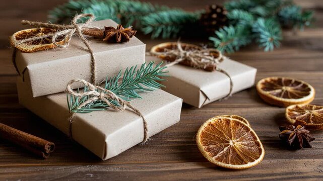 Beautifully wrapped Christmas gifts adorned with natural elements like pine sprigs, dried oranges, and star anise on a rustic wooden surface.