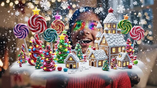 indian girl activates smartwatch hologram village, cozy christmas room with warm bokeh lights, gingerbread houses and lollipop trees floating above palm, snow glitter, young inventor expression, soft.