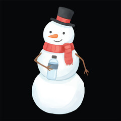 Cute Snowman Drinking Water Bottle Watercolor Illustration Vector Isolated
