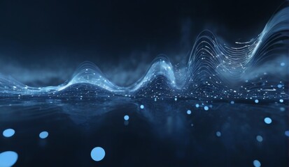 Futuristic Cityscape at Night with WaveLike Patterns and Technological Elements on Dark Blue Background