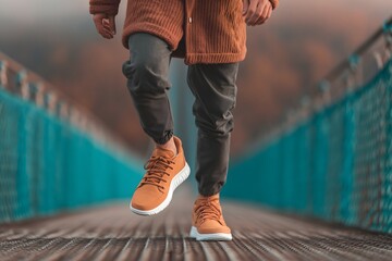 Low Angle View of Man Walking Forward in Sneakers on Bridge - Concept of Progress