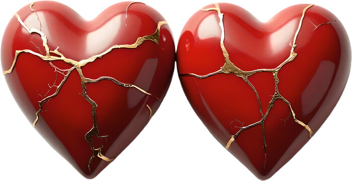 Kintsugi Red Ceramic Hearts with Golden Cracks &ndash; Love, Unity & Healing on Transparent PNG