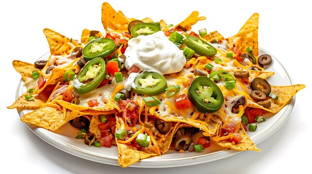 A plate of loaded nachos with cheese jalapenos tomatoes olives and a dollop of sour cream on top