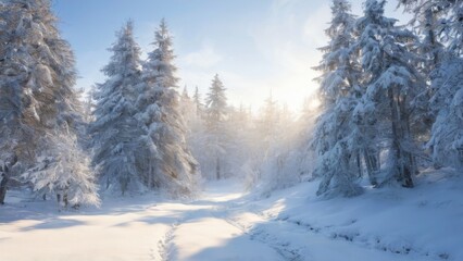 Winter Wonderland: Tranquil Snowy Forest Landscape with Sunlit Trees and Path