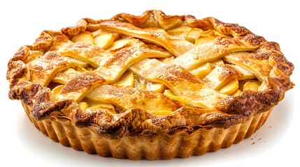 A golden brown apple pie with a lattice crust sits on a white background ready to be enjoyed