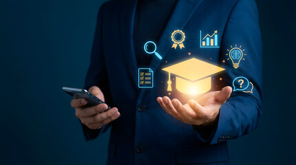 Professional businessman interacting with glowing digital education icons and graduation cap concept for online learning