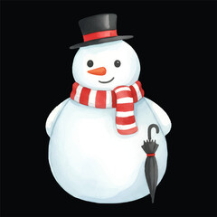 Cute Snowman Holding Umbrella Watercolor Illustration Vector Isolated
