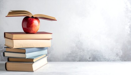 Stack of books topped by apple with open book atop, against hazy white background