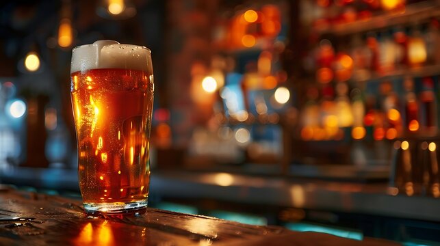 A pint of beer with foam on a wooden bar top in a dimly lit bar with blurred background bottles - Powered by Adobe