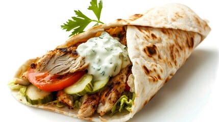 Close up of a chicken wrap with tomato cucumber lettuce and white sauce on a white background