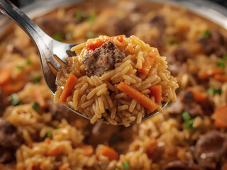 traditional uzbek polo on rustic slotted spoon close-up