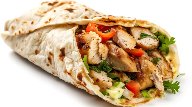 Close up shot of a delicious chicken wrap filled with fresh vegetables and herbs on a white background