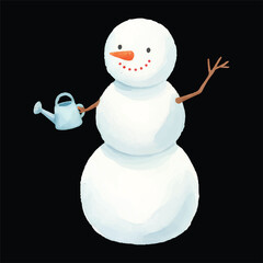 Cute Snowman Watering Plants Watercolor Illustration Vector Isolated
