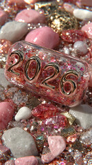 A crystal embedded numeric design of two zero two six glowing with gemstone reflections forming a luxurious festive artwork perfect for elegant new year visuals