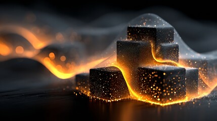 Dynamic abstract glowing particles illuminate futuristic dark cubes representing digital data and innovation