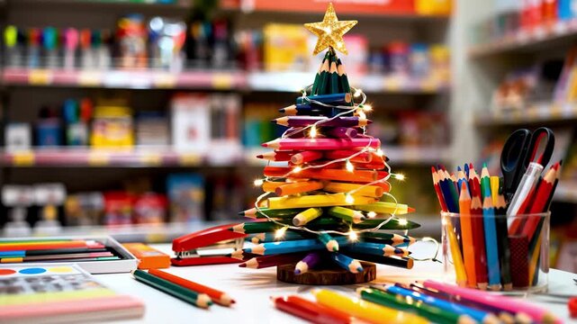 vibrant pencil christmas tree beside palette, colorful watercolors and pencil cup arranged on counter, tiny lights wrapped around stacked pencils, blurred retail shelves filled with supplies. - Powered by Adobe