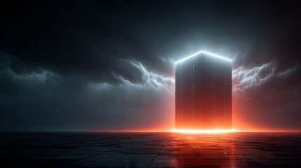 Epic glowing monolith emerges from stormy skies, illuminating a dark, reflective landscape with intense orange and white light, symbolizing power and mystery.