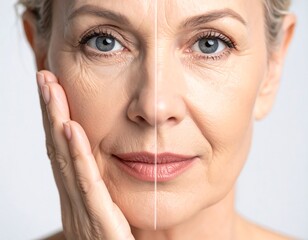 Split face showcasing aging & youthful skin in a portrait