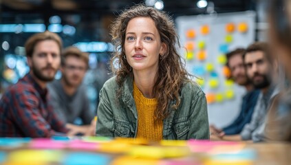 Young woman with curly hair wearing green jacket and yellow sweater, engaged in brainstorming session surrounded by colleagues in modern office with colorful sticky notes