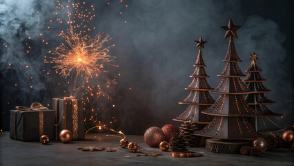 Dark moody Christmas background with copper sparks, smoky texture layers, industrial-modern festive vibe, high contrast for dramatic design use