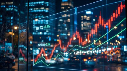 Financial Stock Market Graph Overlayed on a Cityscape at Night.