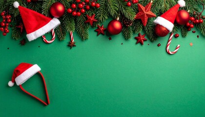 Christmas garland with Santa hats, ornaments, candy canes, and stars on green background