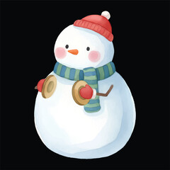 Cute Snowman Playing Cymbals Watercolor Illustration Vector Isolated
