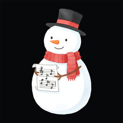 Cute Snowman Holding Sheet Music Watercolor Illustration Vector Isolated
