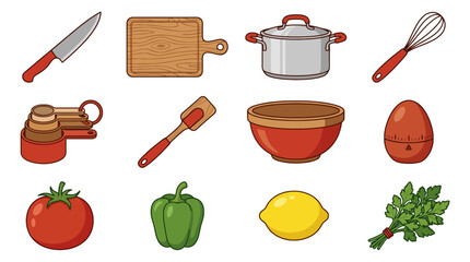Get cooking with this fun colorful set of kitchen tools and fresh vegetables, perfect for recipe blogs, food illustrations, and healthy eating content