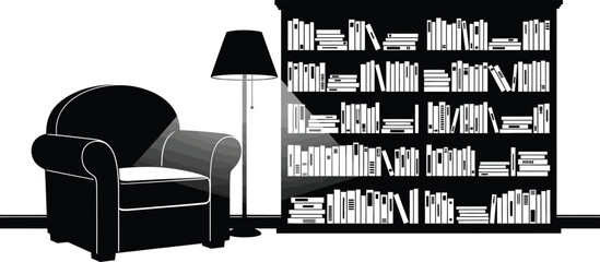 Rmchair, Lamp, and Bookshelf in Monochrome