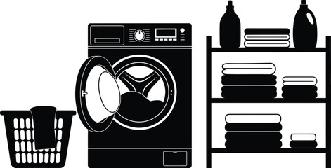 Laundry Room with Washing Machine, Basket, Detergent