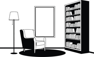 Monochrome reading room with armchair, lamp, bookshelf and blank frame